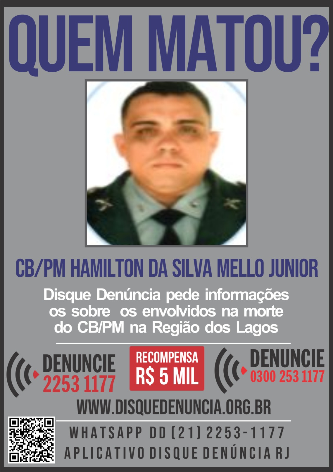 Disque Denúncia oferece recompensa por informações sobre homicídio de policial militar em Saquarema